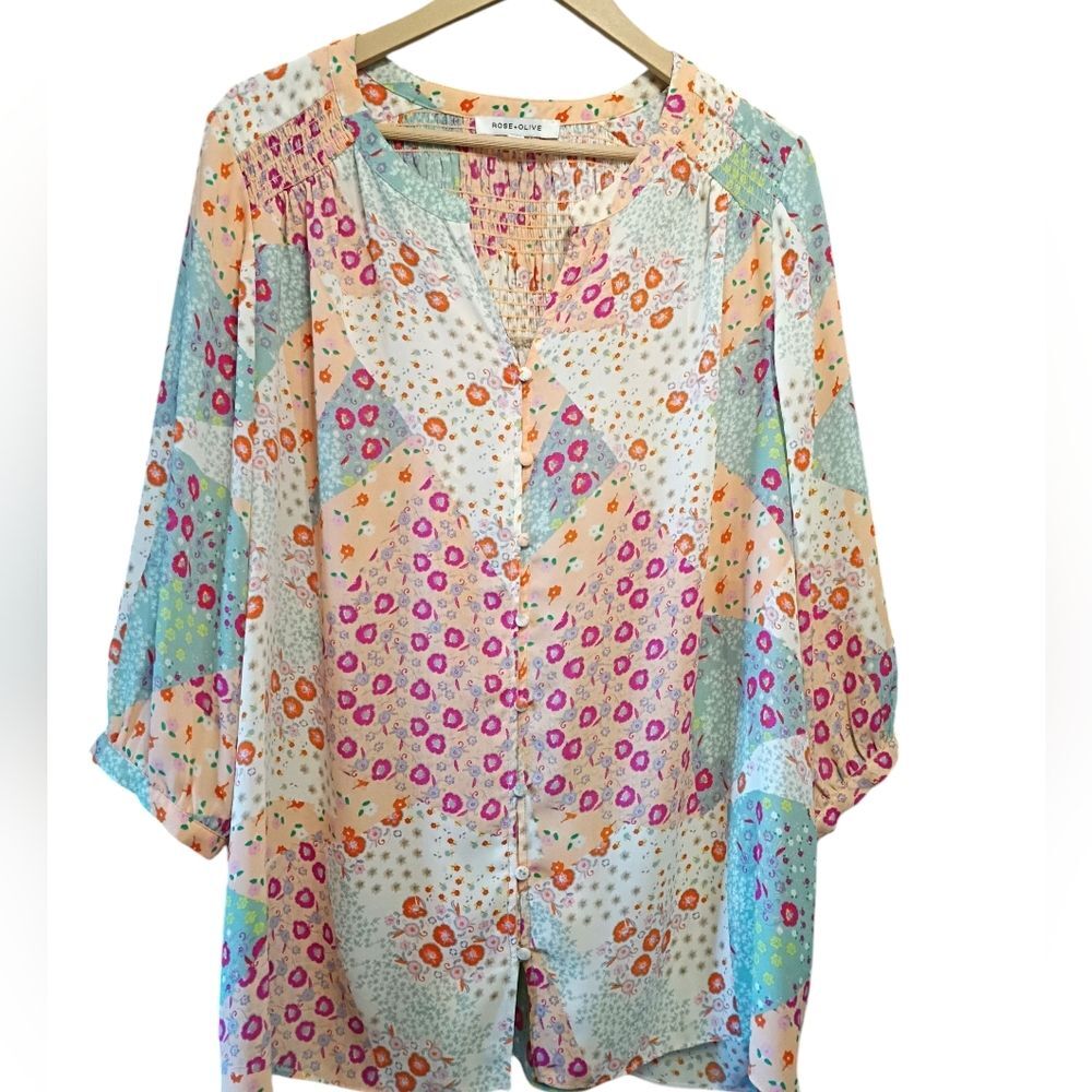 Rose Olive Tunic Shirt Top Womens 1X Bright Muticolor Button Chiffon Flowy